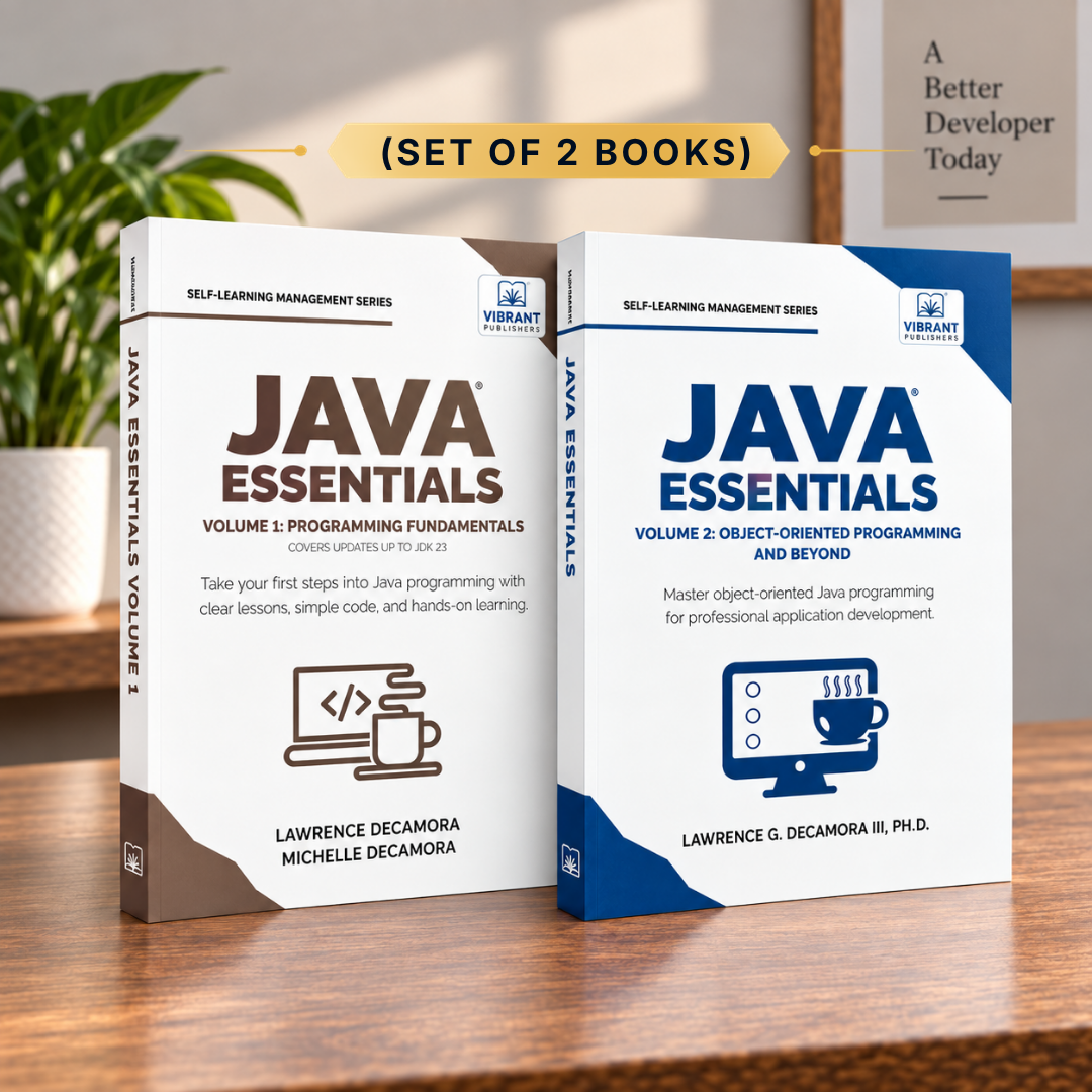Two Java Essentials books standing upright on a wooden surface, with a blurred indoor background including a plant and framed quote.