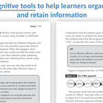 A book or workbook page spread showing two interior pages with text about cognitive tools for organizing and retaining information, plus small diagrams and boxes labeled TIP. The visible page numbers are 117 and 121, and the heading at the top reads 'Cognitive tools to help learners organize and retain information.
