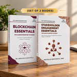 Two paperback books standing upright on a wooden surface: 'Blockchain Essentials' by Dr. Abhilash Kancharla and 'Stakeholder Engagement Essentials' by Michelle Bartonico, PMP.