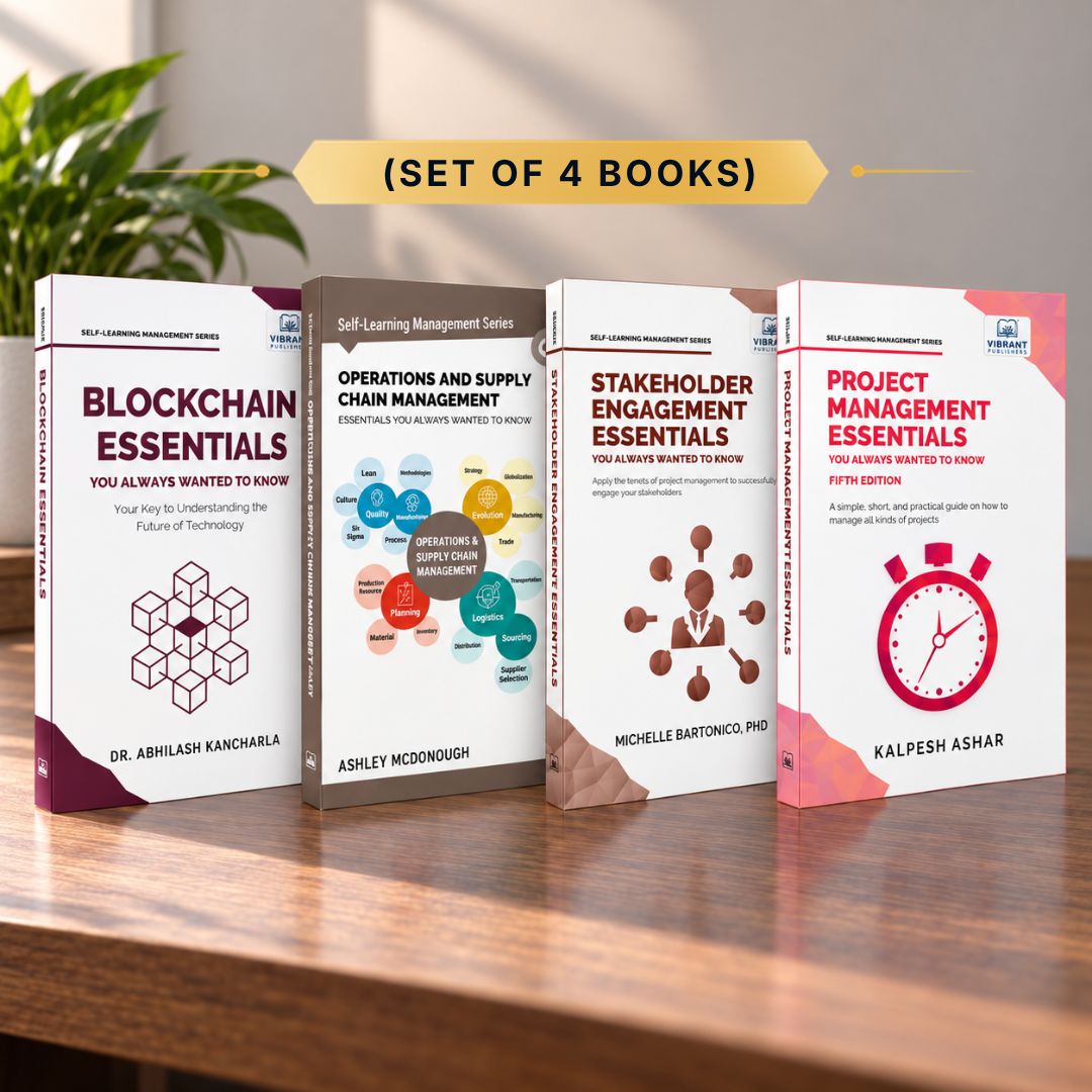Four paperback books from the Self-Learning Management Series by Vibrant  Publishers are displayed in a row on a wooden table.