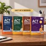 Four ACT prep books standing upright on a wooden desk in a styled home office setting. The books are labeled ACT Math, ACT Reading, ACT English, and ACT Practice Tests.