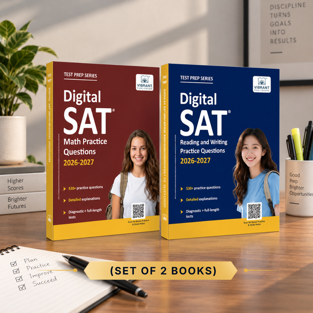 Two Verbal & Test Prep Series Digital SAT practice books on a wooden desk, one with a dark red cover and one with a dark blue cover, both with yellow bands at the bottom. 