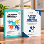 Two paperback books standing upright on a wooden surface: "Leadership Essentials"and "Business Ethics" by Dr. Carrie A & Ritika Mahajan.