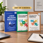 Three HR and labor relations books displayed on a wooden desk in a styled office setting. The books are: 'Labor Relations Essentials' by Ritambhira Kalra (blue), 'Human Resource Management' by Jacqumina Gilbert (green), and 'HR Analytics Essentials' by Michael J.