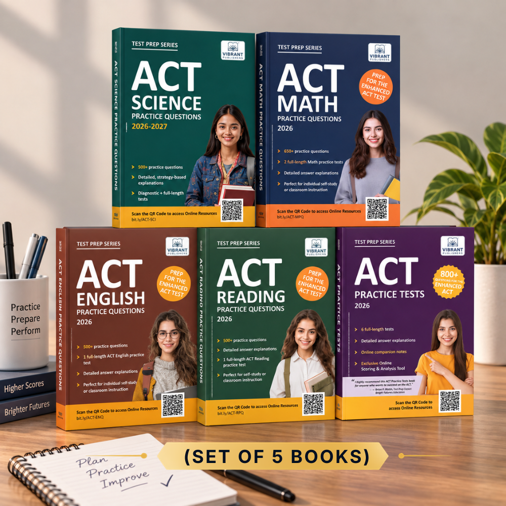 Five ACT prep books arranged on a desk: one green ACT Science book, one navy blue ACT Math book, one brown ACT English book, one green ACT Reading book, and one purple ACT Practice Tests book. 