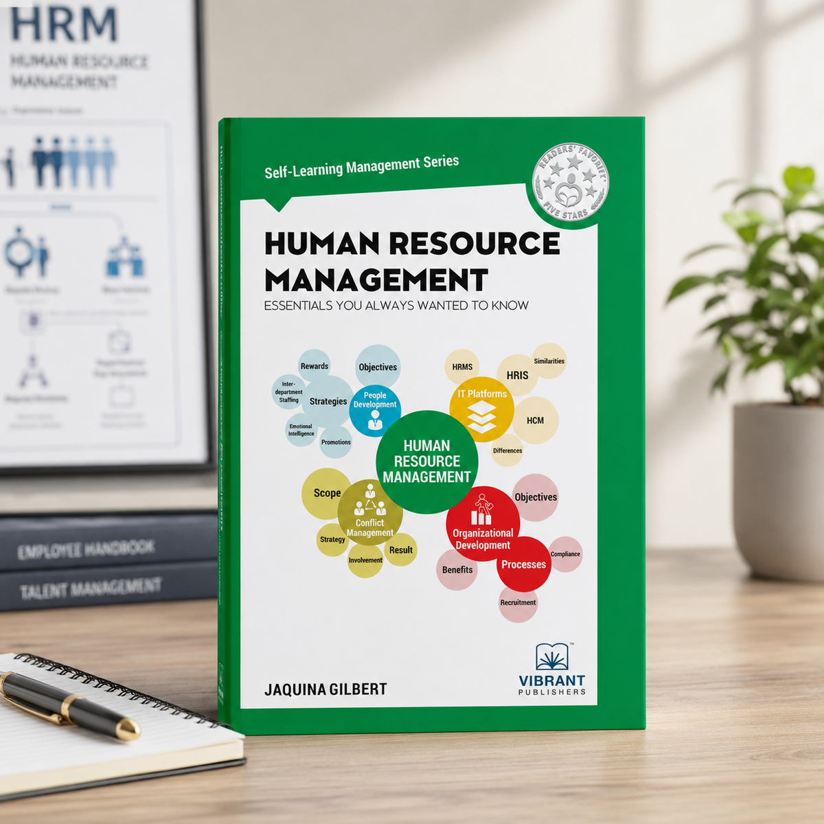 A paperback book titled 'Human Resource Management' by Jaquina Gilbert stands upright on a wooden desk.