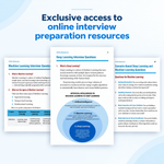 Promotional graphic for digital online interview preparation resources, featuring three sample pages from an AI essentials  book displayed on a white background with a blue header reading 'Exclusive access to online interview preparation resources.'.