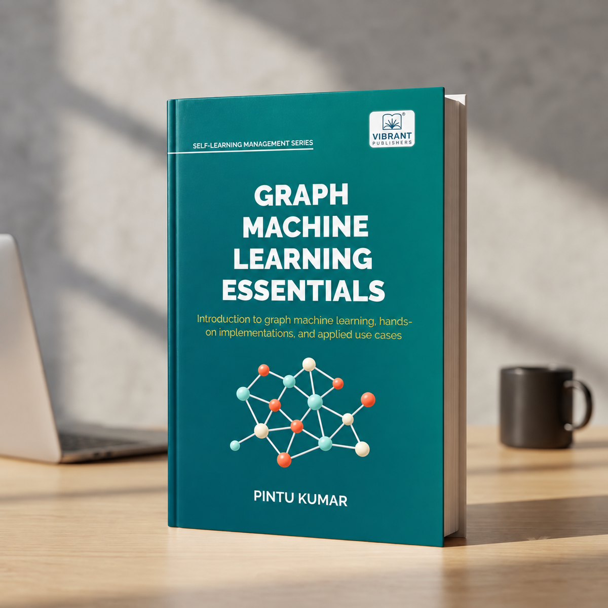 A teal paperback book titled "Graph Machine Learning Essentials" by Pintu Kumar stands upright on a wooden desk. 