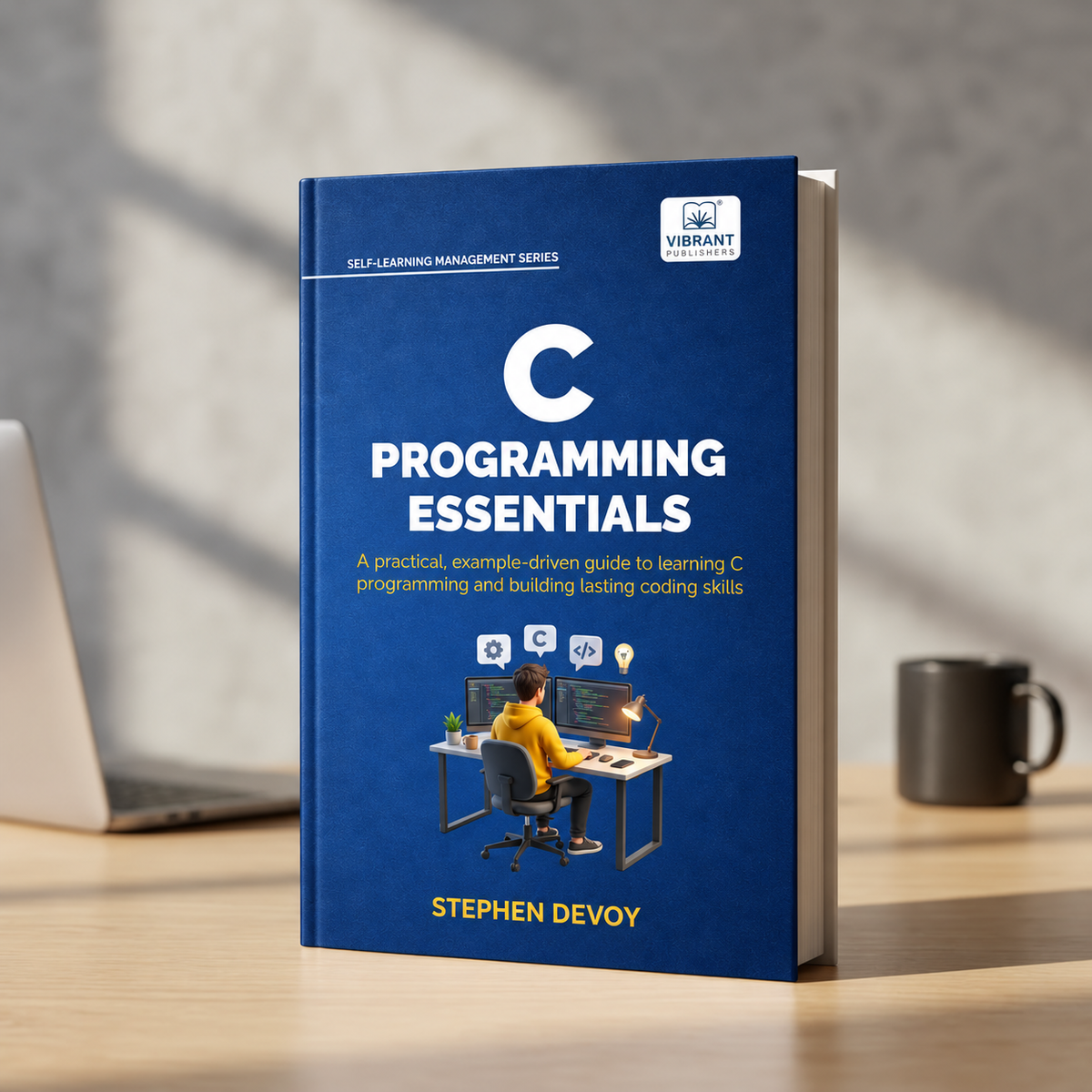 A paperback book titled 'C Programming' by Stephen Devoy, standing upright on a light wood desk. 