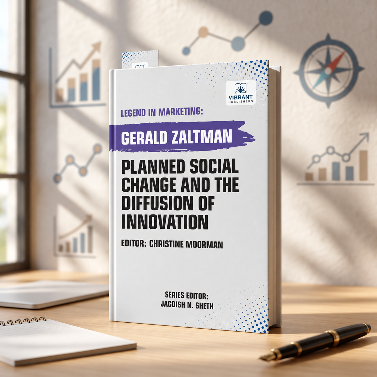 A paperback book titled 'Planned Social Change and the Diffusion of Innovation' by Gerald Zaltman, standing upright on a wooden desk. 