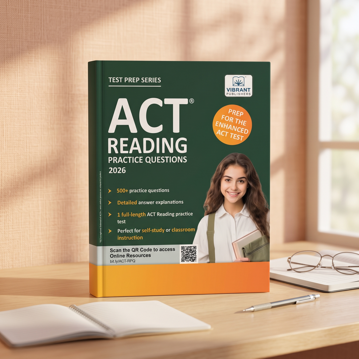 A paperback book titled "ACT Reading Practice Questions 2026" by Vibrant Publishers.