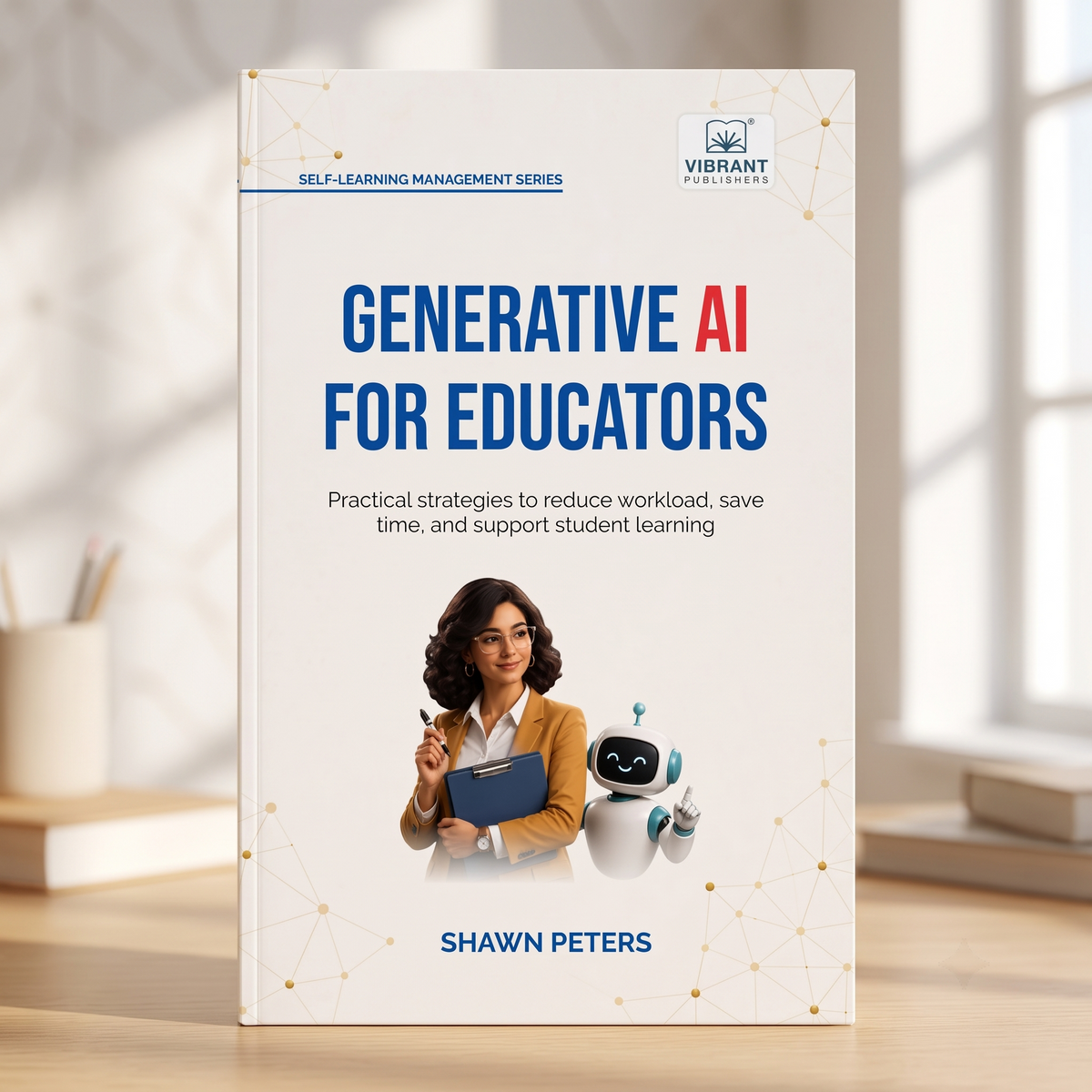 A book titled "Generative AI for Educators" by Shawn Peters stands upright on a wooden surface in a softly lit room. 