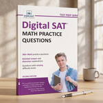 The front cover of the book 'Digital SAT Math Practice Questions' by Vibrant Publishers is shown standing on a wooden desk. 