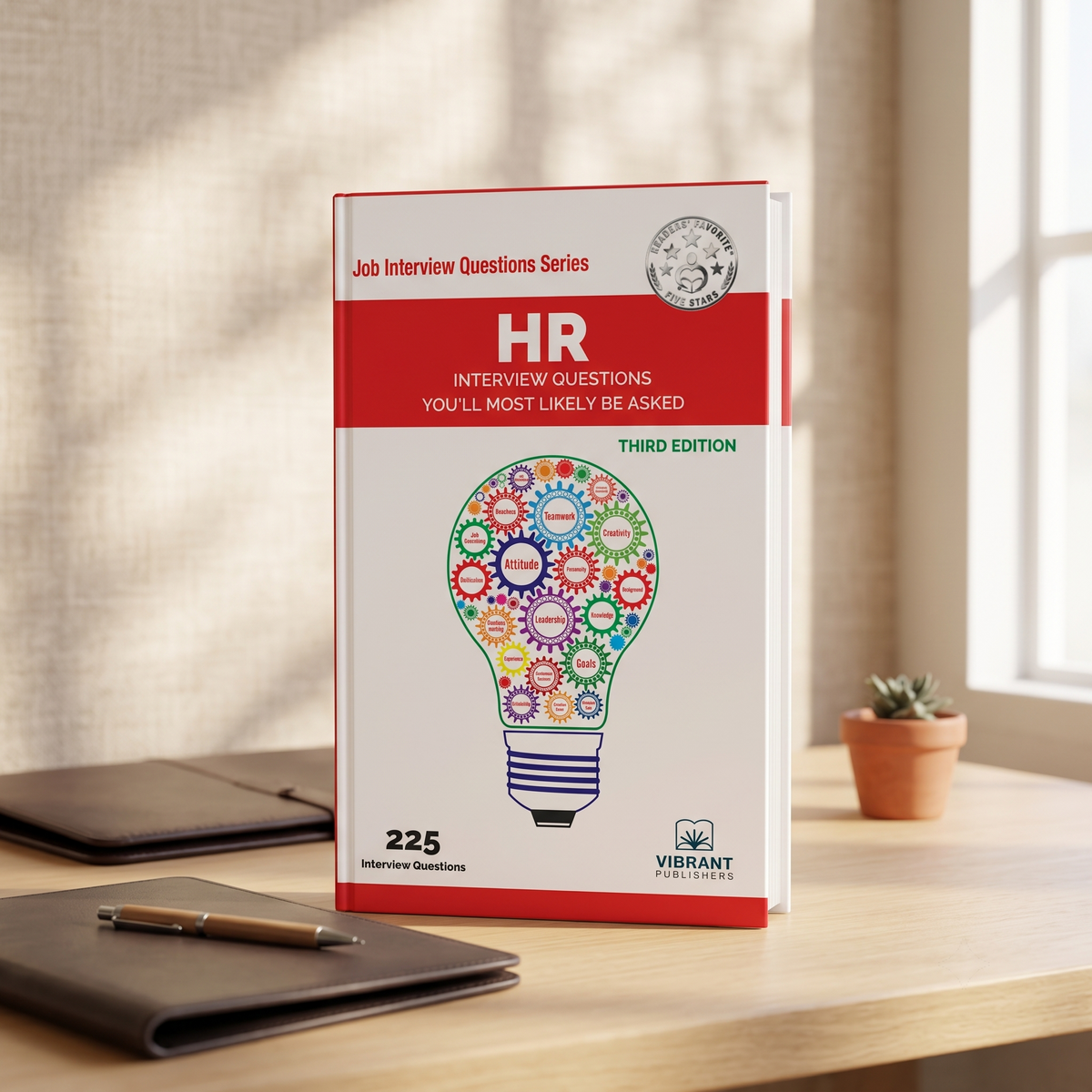 A paperback book titled "HR Interview Questions You'll Most Likely Be Asked" by Vibrant Publishers.