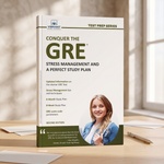 A hardcover study guide book titled 'Conquer the GRE: Stress Management and a Perfect Study Plan' by Vibrant Publications, standing upright on a wooden desk with a blurred study room background.