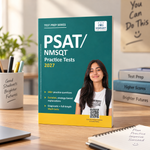 A paperback book titled "PSAT/NMSQT Practice Tests 2027" by Vibrant Visions stands open on a wooden desk. The cover is teal with a yellow band at the bottom and a photo of a smiling woman.