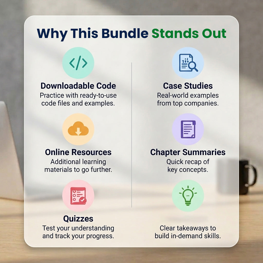 A promotional graphic for a digital bundle, titled 'Why This Bundle Stands Out,' with six feature callouts arranged in two columns on a frosted white panel. The text highlights downloadable code files and examples, real-world case studies, online learning resources, chapter summaries, quizzes, and clear takeaways.
