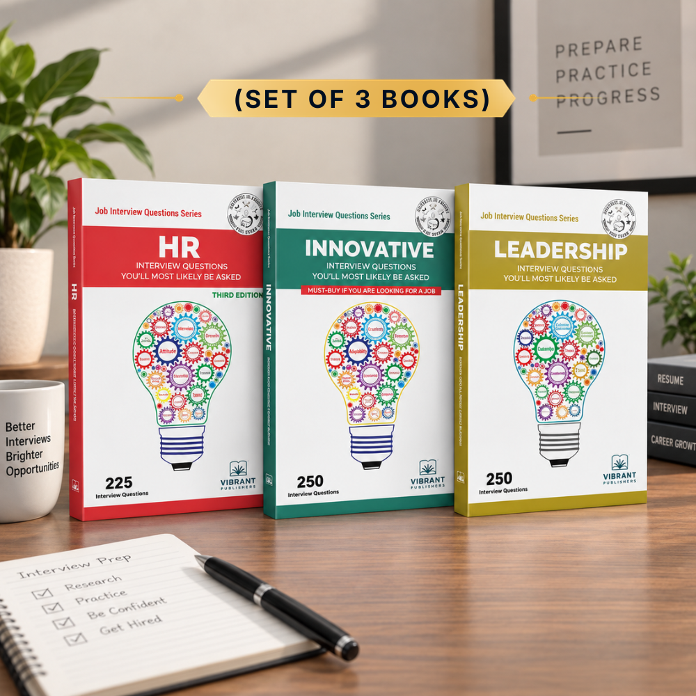 Three paperback books from the Job Interview Questions Series are displayed on a wooden desk. The books are titled 'HR', 'Innovative', and 'Leadership' in red, green, and yellow covers respectively.
