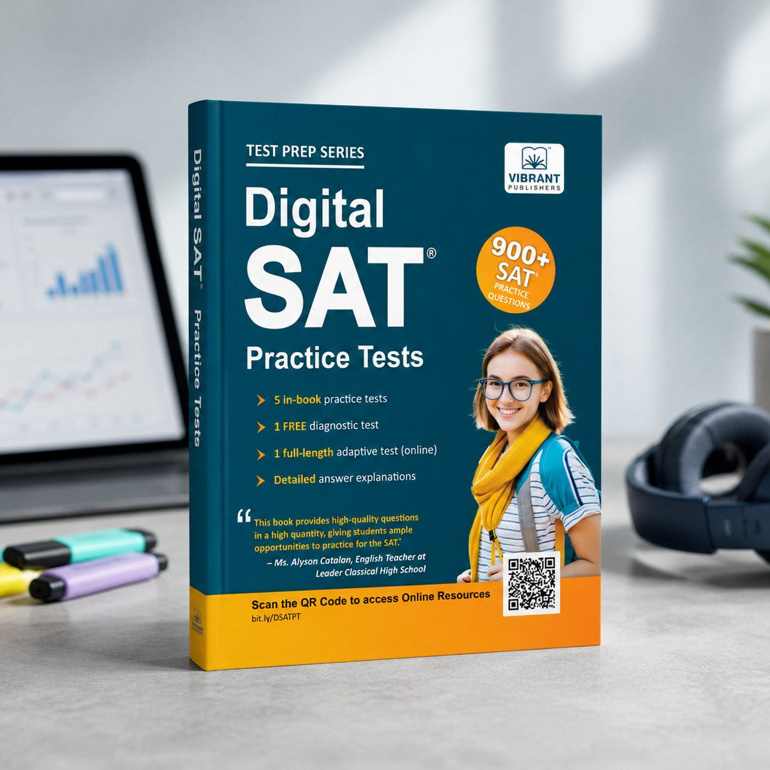 A hardcover book titled 'Digital SAT Practice Tests' by Vibrant Learning 