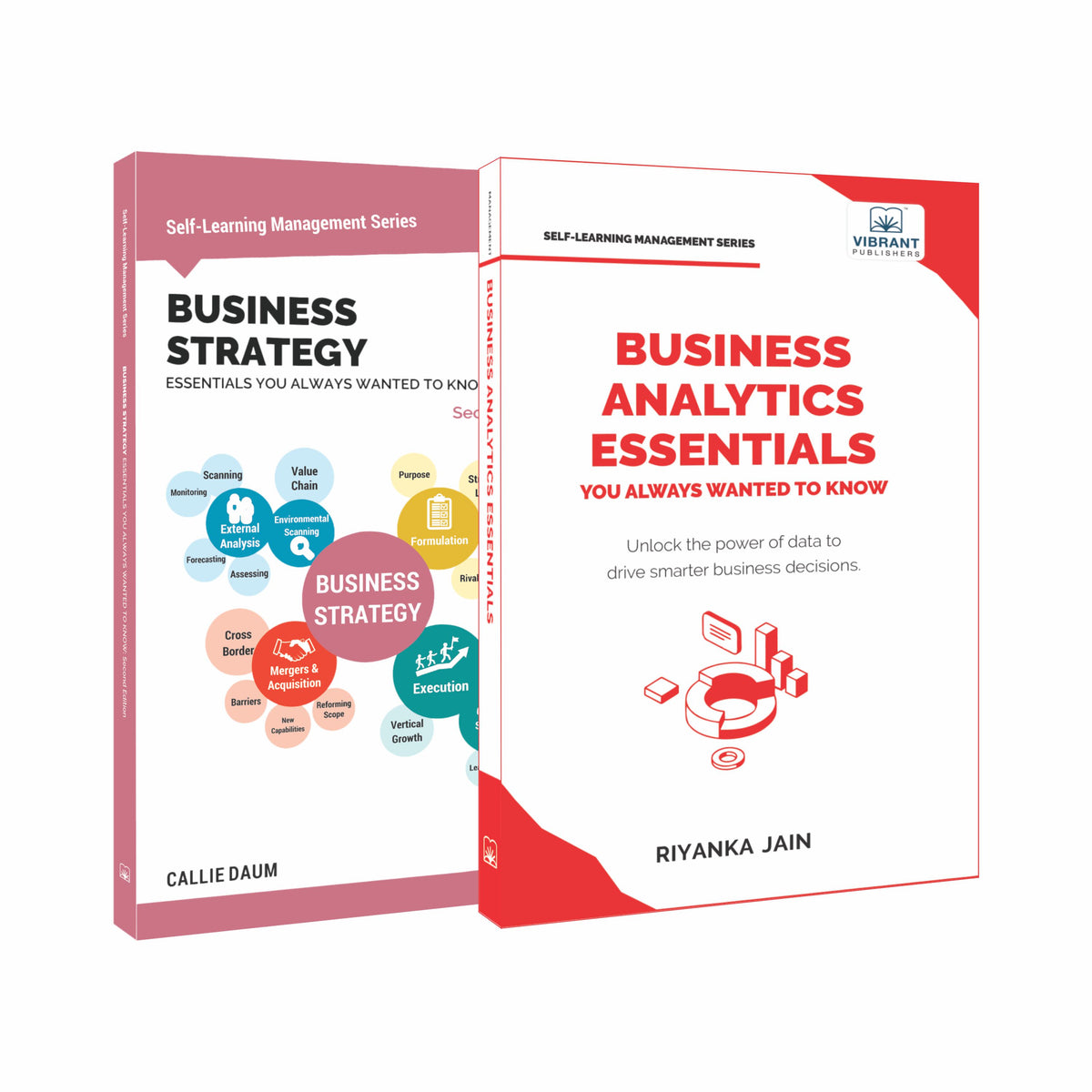 Two books titled 'Business Strategy' and 'Business Analytics Essentials' .