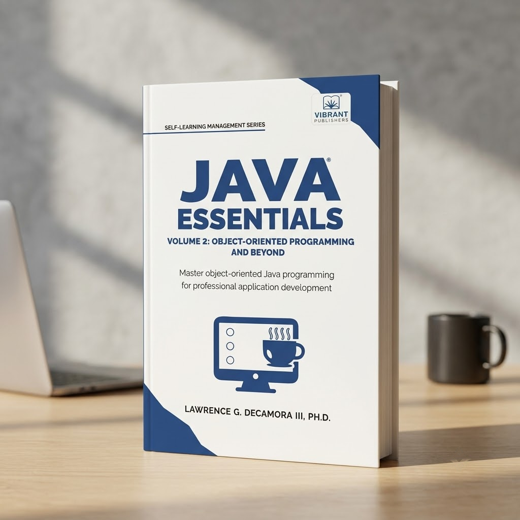 A paperback book titled "Java Essentials: Volume 2: Object-Oriented Programming and Beyond" stands upright on a light wood desk. 