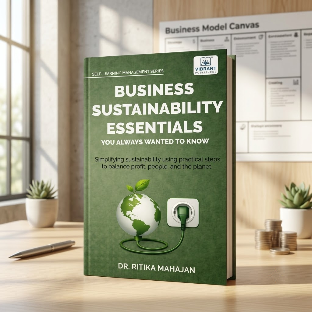 A green hardcover book titled "Business Sustainability Essentials" by Dr. Ritika Mahajan.