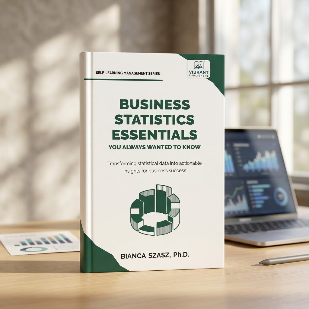 A paperback book titled 'Business Statistics Essentials' by Bianca Szasz, Ph.D.