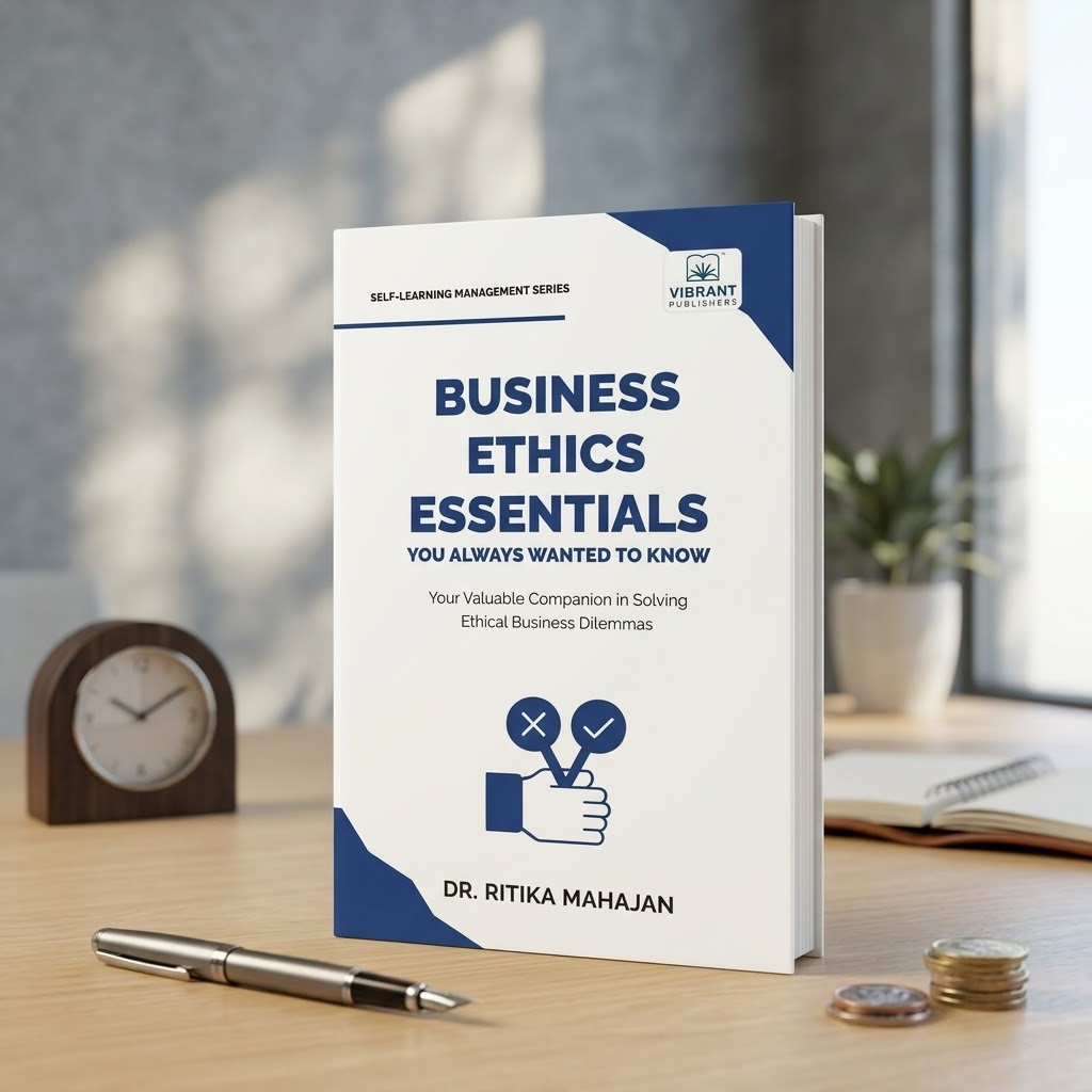 A book titled 'Business Ethics Essentials' by Dr. Ritika Mahajan stands upright on a wooden desk.
