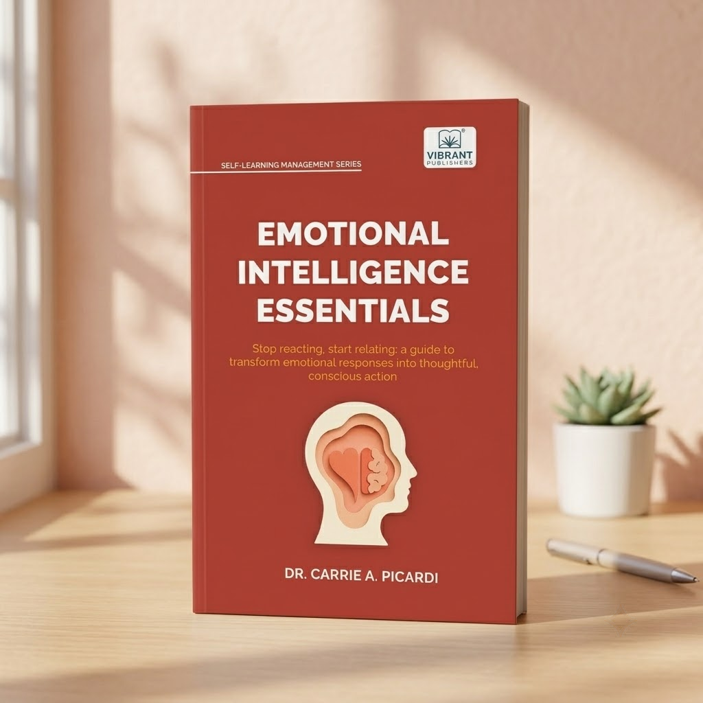 A red book titled 'Emotional Intelligence Essentials' by Dr. Carrie A.