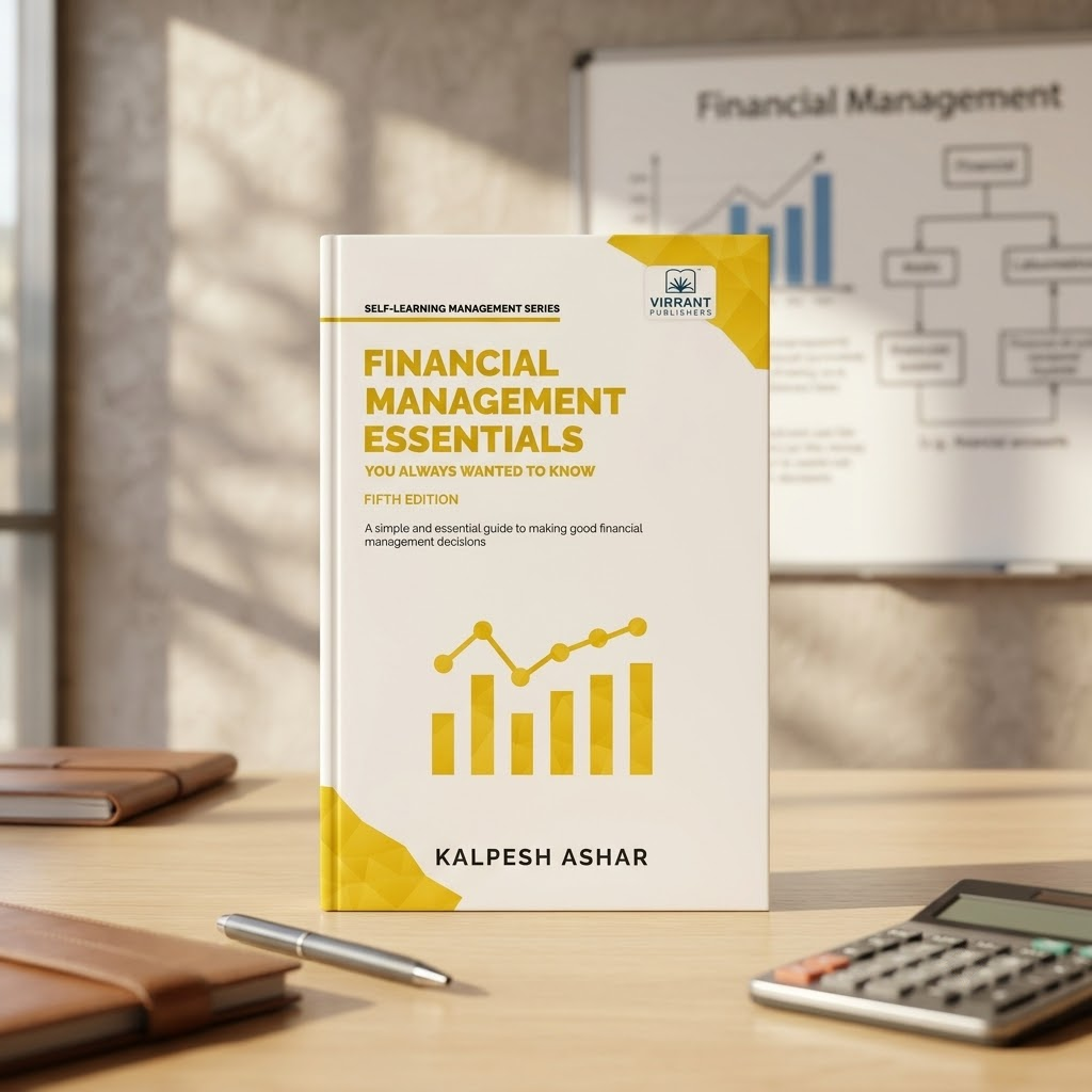 A book titled 'Financial Management Essentials' by Kalpesh Ashar, standing upright on a desk with a calculator, pen, and notebooks nearby.