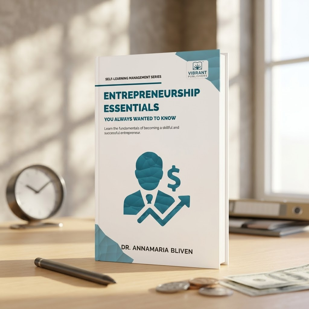 A book titled 'Entrepreneurship Essentials' by Dr. Annamaria Bliven stands upright on a wooden desk.