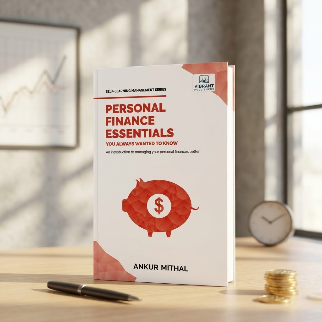 A book titled 'Personal Finance Essentials' by Ankur Mithal stands open on a wooden desk in a bright, modern room. 