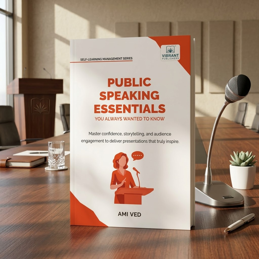 A paperback book titled 'Public Speaking Essentials' by Ami Ved.