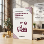 A book titled 'Microeconomics Essentials' by Amlan Ray stands upright on a wooden desk. 