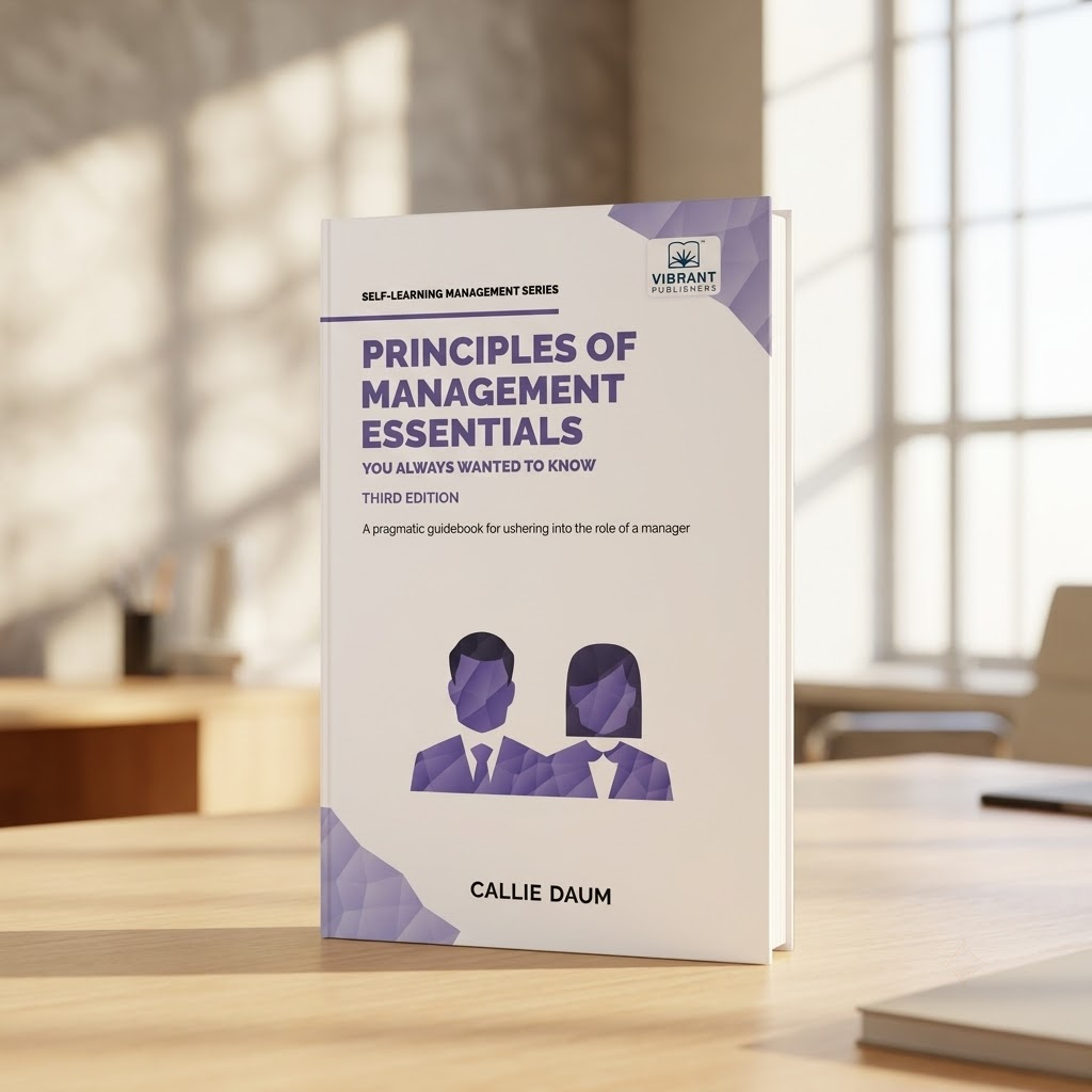 A paperback book titled "Principles of Management Essentials" by Callie Daum.