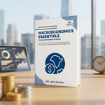 A book titled "Macroeconomics Essentials" by Dr. Amlan Ray stands open on a wooden desk with a blurred office background.