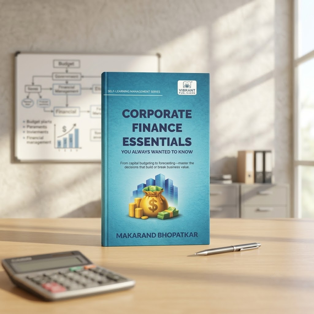 A blue hardcover book titled 'Corporate Finance Essentials' by Makarand Bhopatkar.